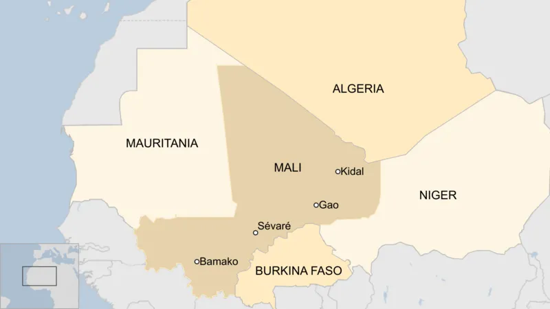 Map-of-Mali-Bamako-Gao-Attacks Map of Mali showing Bamako, Gao, and Kidal where coordinated militant attacks occurred.