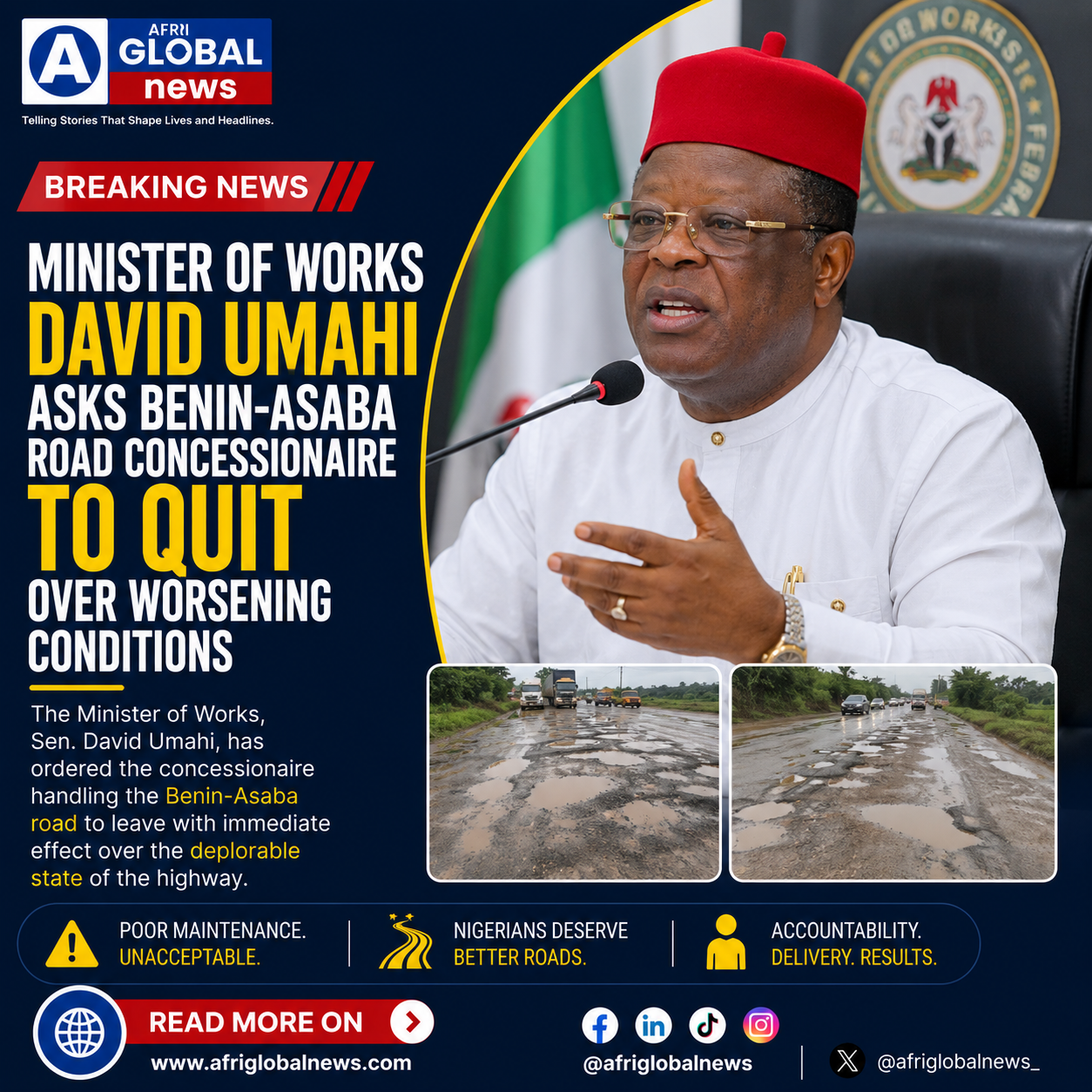 Umahi asks Benin-Asaba road concessionaire to quit over worsening conditions Umahi asks Benin-Asaba road concessionaire to quit over worsening conditions